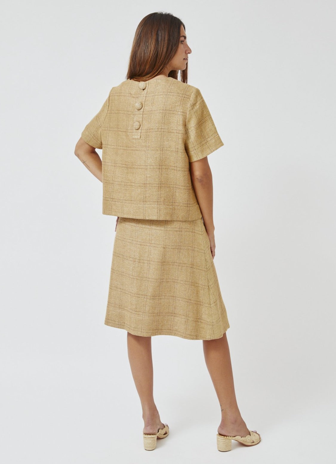 THE SCALLOP  A-LINE SKIRT in NATURAL WINDOWPANE BASKETWEAVE LINEN