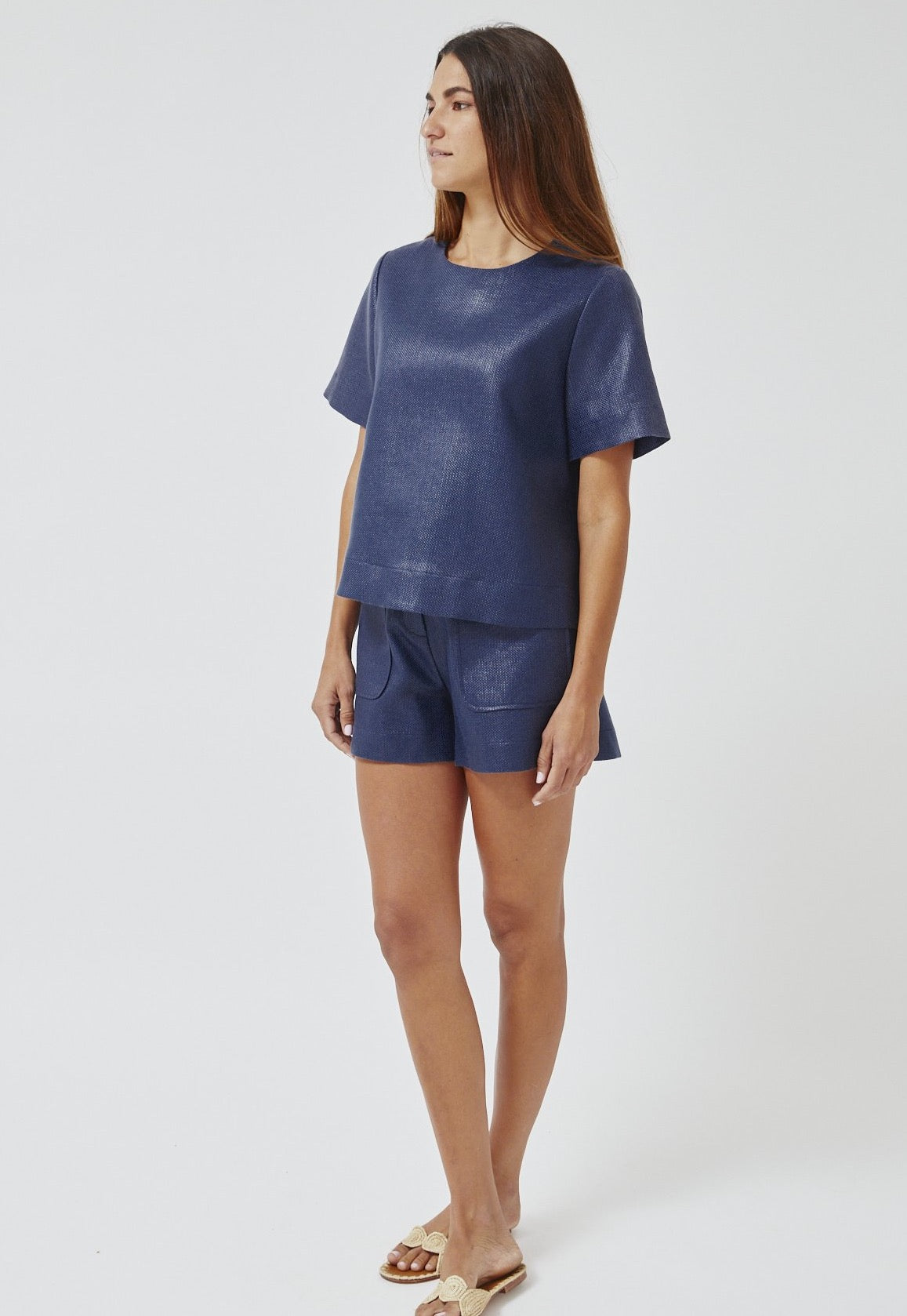 THE TRAPEZE T-SHIRT in NAVY WEAVE RAFFIA