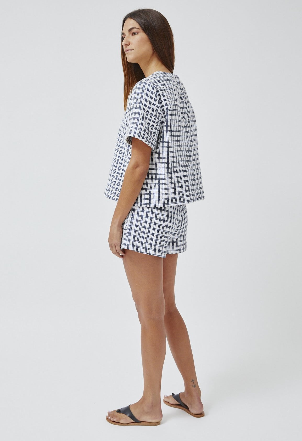 THE TRAPEZE T-SHIRT in NAVY & WHITE CHECK COTTON JACQUARD