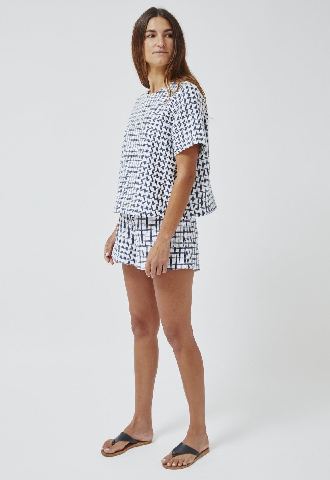 THE TRAPEZE T-SHIRT in NAVY & WHITE CHECK COTTON JACQUARD