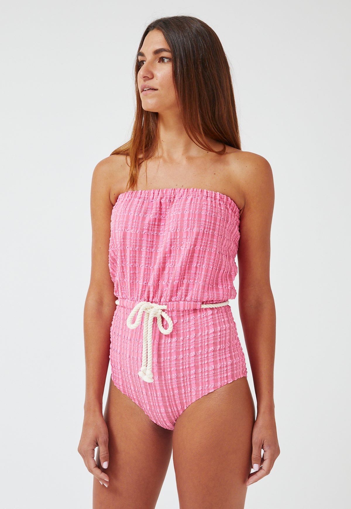 THE VICTOR DRAWSTRING MAILLOT in FUCHSIA STRIPED SEERSUCKER