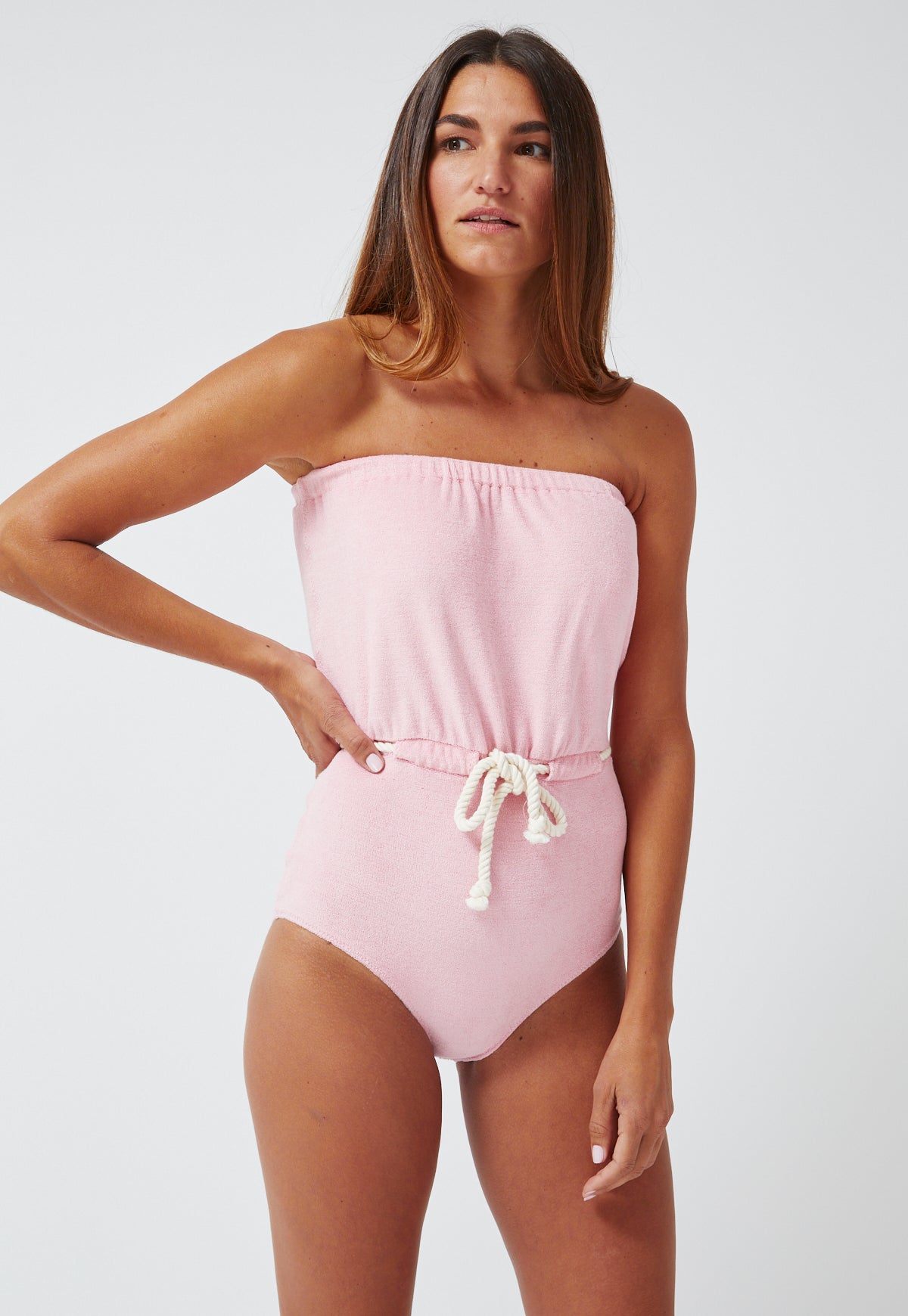THE VICTOR DRAWSTRING MAILLOT in PINK TERRY CLOTH
